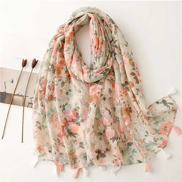 Floral scarf sheer tassel pink ivory wrap cover up Bohemian accessory - Picture 1 of 7